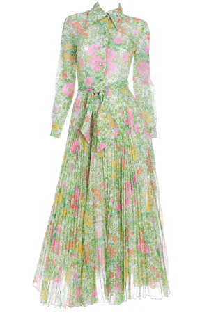 1970s Accordion Pleated Pink Green & Yellow Floral Maxi Dress