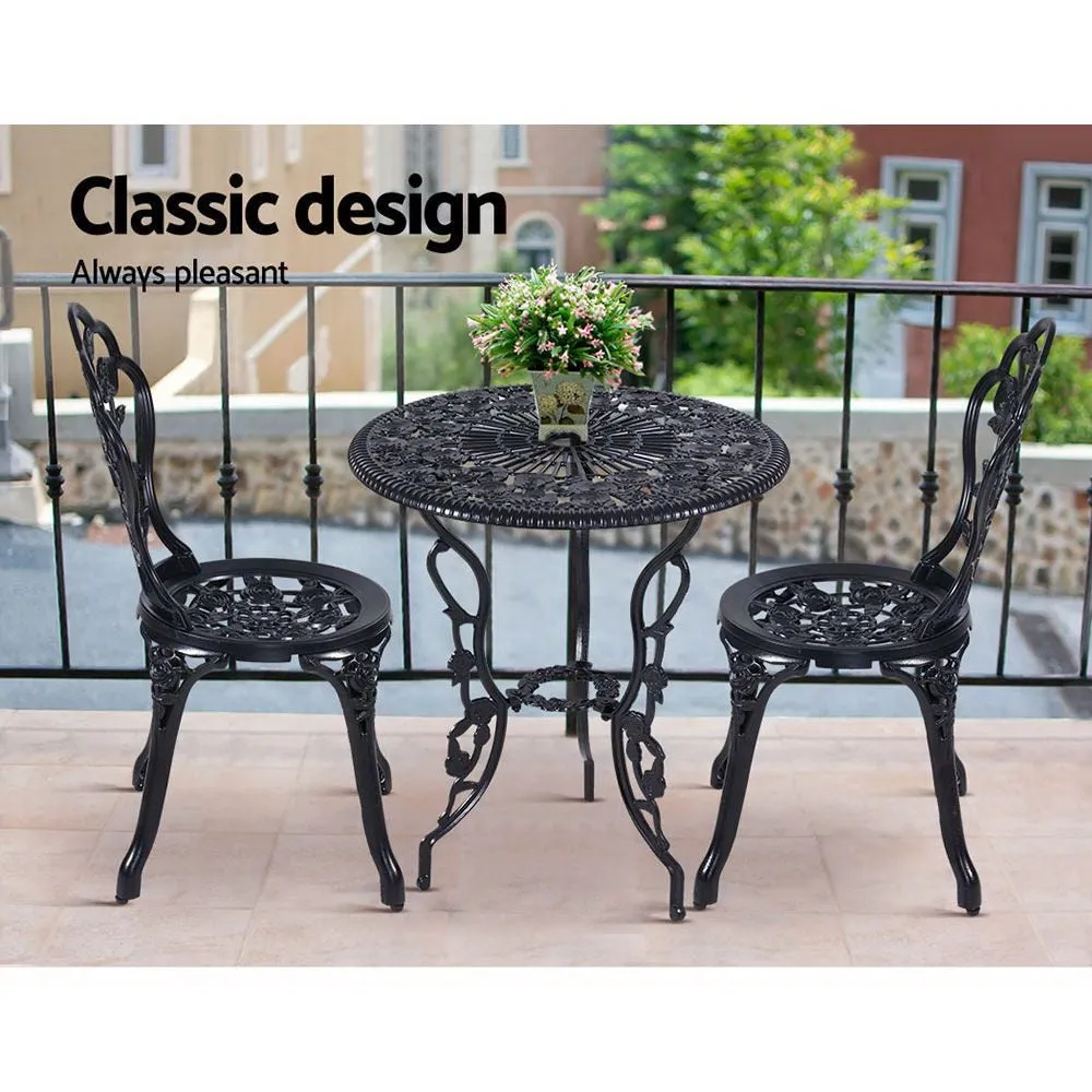 3PC Outdoor Setting Bistro Set Chairs Table Cast Aluminum Rose Black