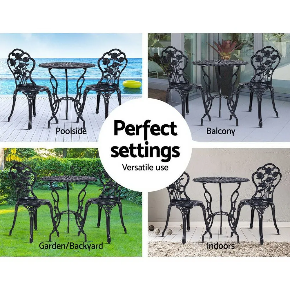 3PC Outdoor Setting Bistro Set Chairs Table Cast Aluminum Rose Black