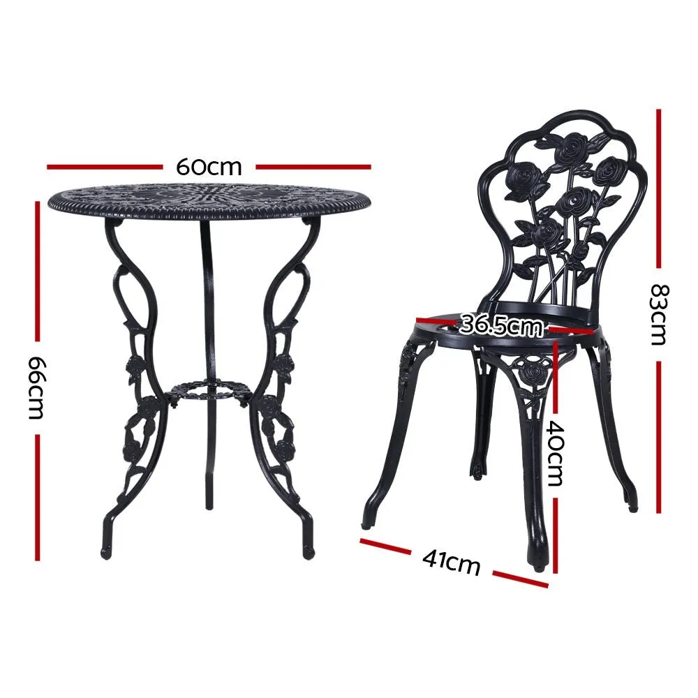 3PC Outdoor Setting Bistro Set Chairs Table Cast Aluminum Rose Black