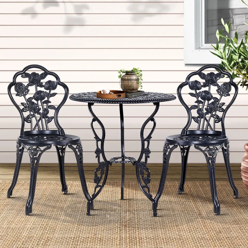 3PC Outdoor Setting Bistro Set Chairs Table Cast Aluminum Rose Black