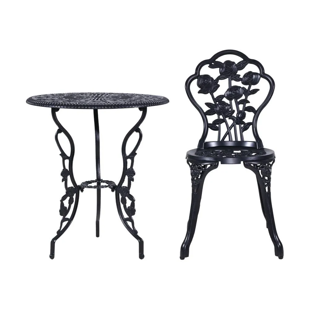 3PC Outdoor Setting Bistro Set Chairs Table Cast Aluminum Rose Black