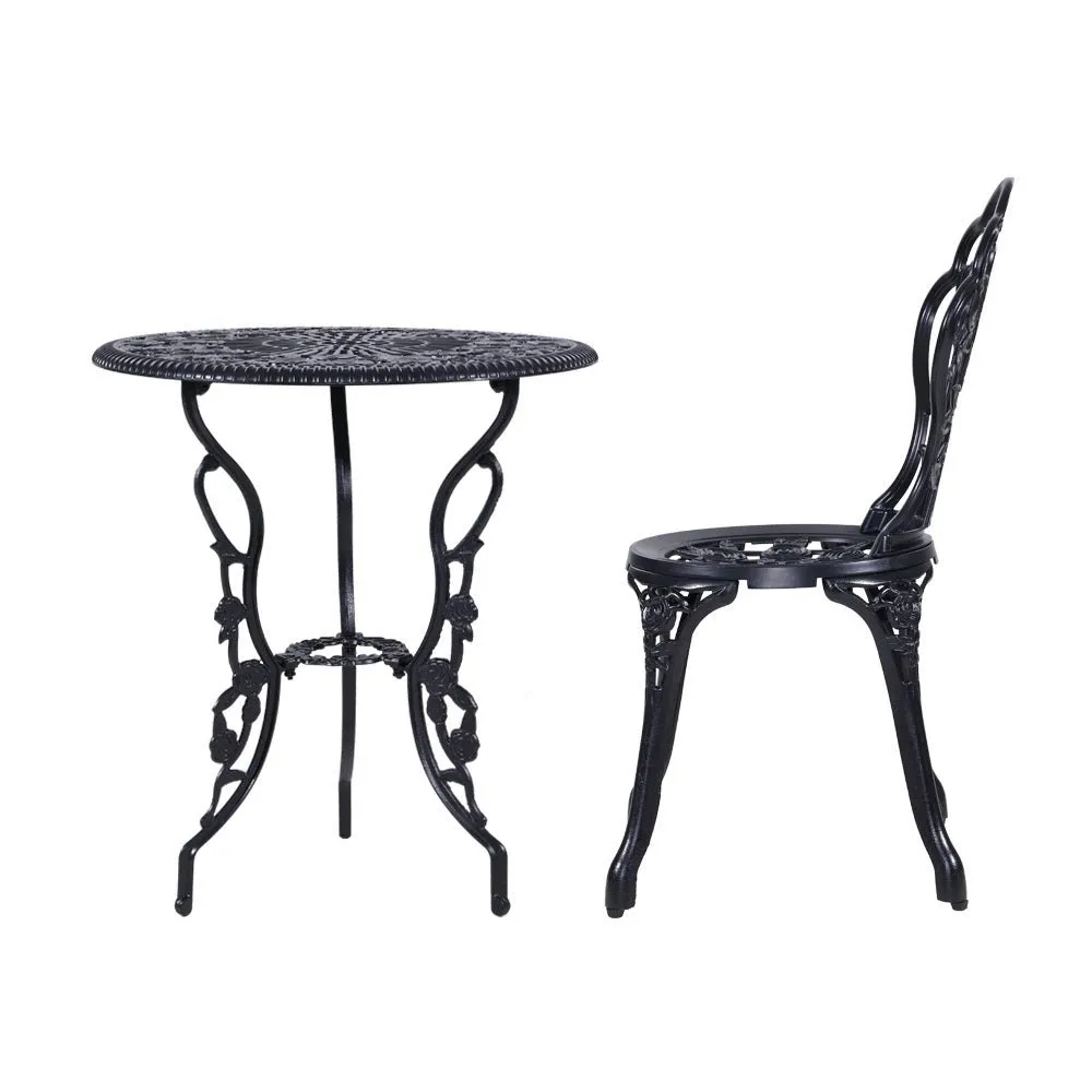 3PC Outdoor Setting Bistro Set Chairs Table Cast Aluminum Rose Black