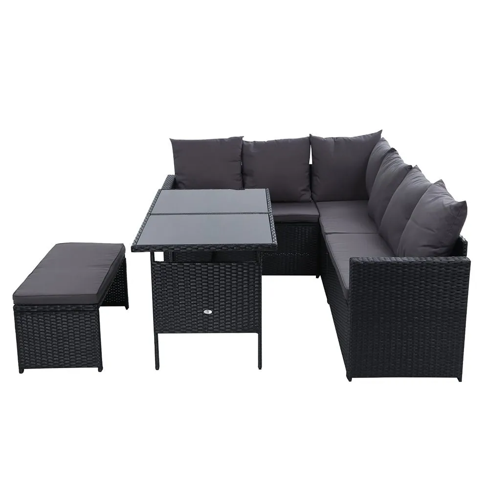 8 Seat Wicker Outdoor Lounge Setting with Storage Cover - Black