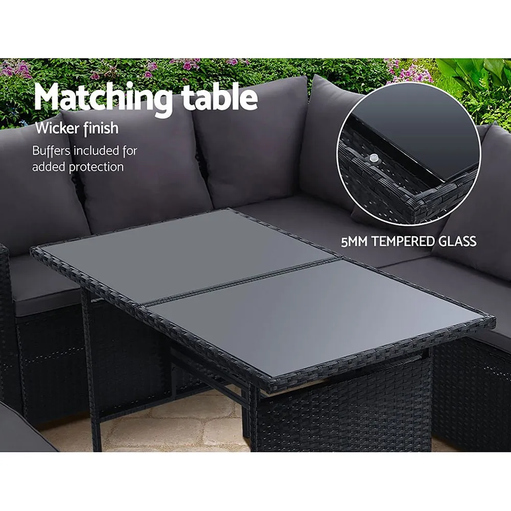 8 Seat Wicker Outdoor Lounge Setting with Storage Cover - Black