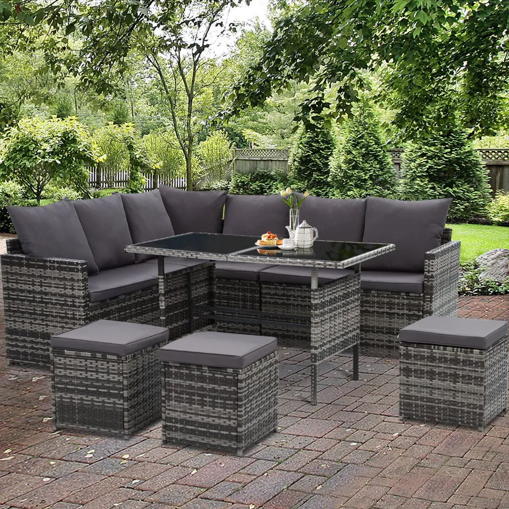 9 Seat Wicker Outdoor Lounge Setting with Storage Cover - Mixed Grey