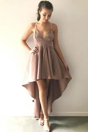 A-Line Spaghetti Straps High Low Blush Satin Homecoming Dress  PD006