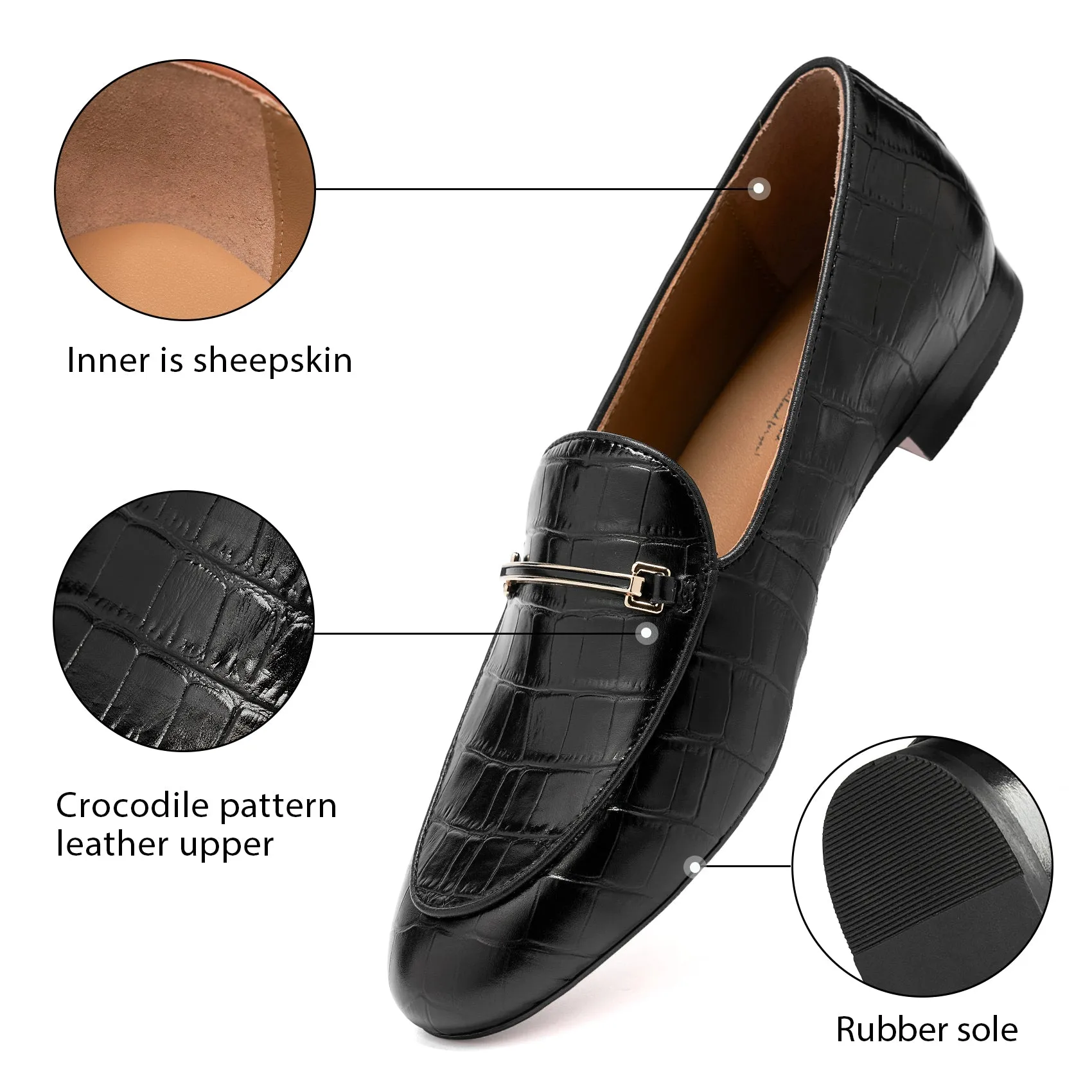 AiciBerllucci  Black  Crocodile Embossed  Leather & Sheepskin lining- Prime-Women's Leather Loafer- Sleek Loafers Slip on Shoes-Casual Flat Shoes