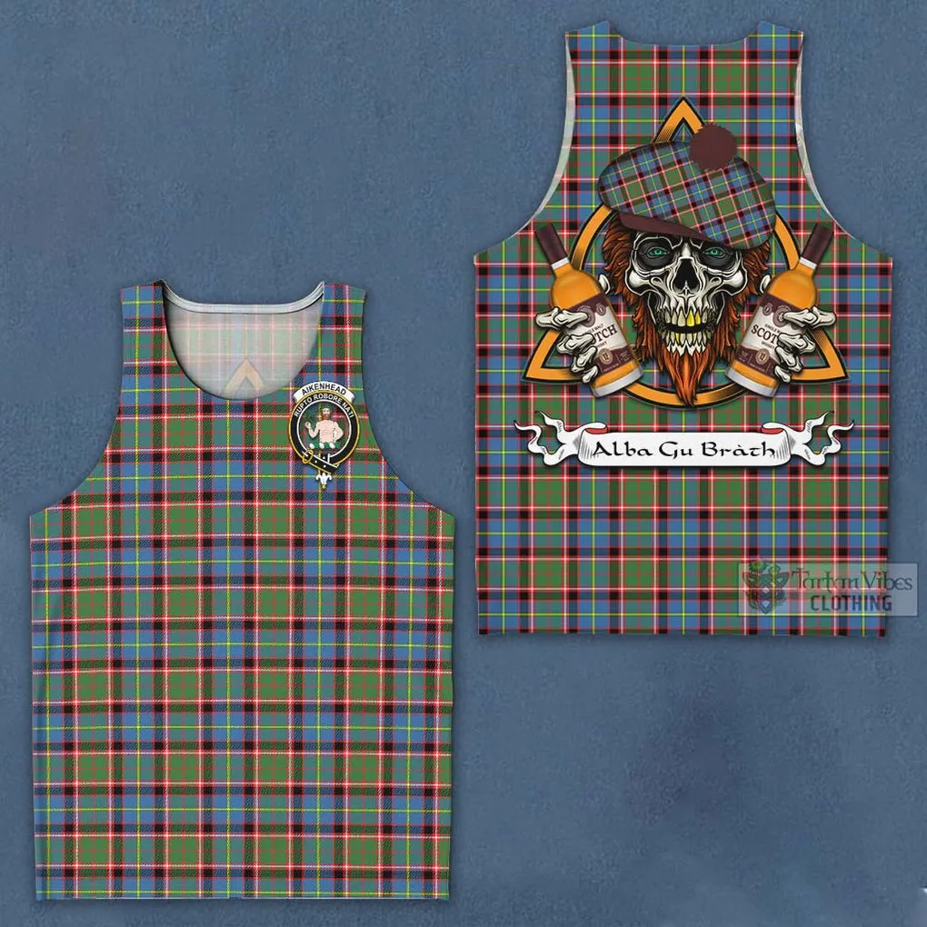 Aikenhead Tartan Men's Tank Top with Family Crest and Bearded Skull Holding Bottles of Whiskey