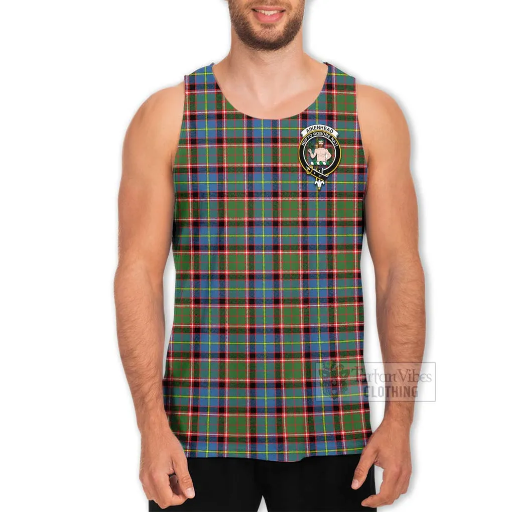 Aikenhead Tartan Men's Tank Top with Family Crest and Bearded Skull Holding Bottles of Whiskey