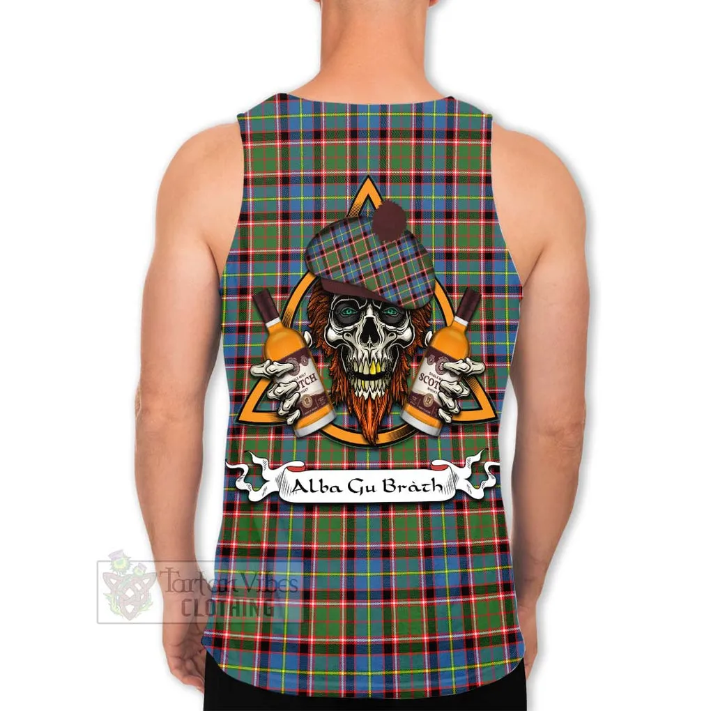 Aikenhead Tartan Men's Tank Top with Family Crest and Bearded Skull Holding Bottles of Whiskey