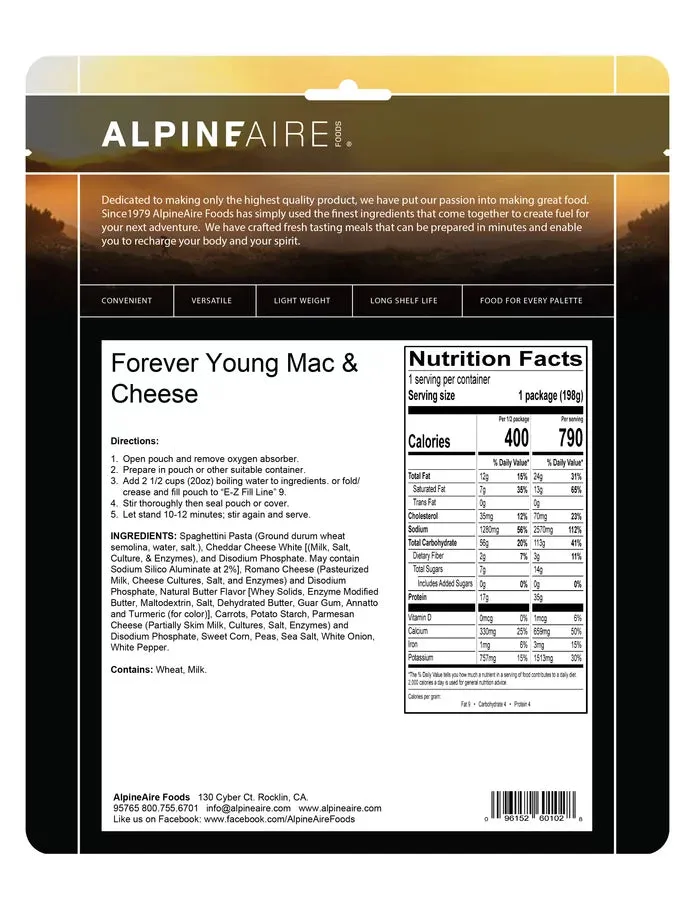 AlpineAire Forever Young Mac & Cheese Freeze Dried Camping Food Pouch 60102