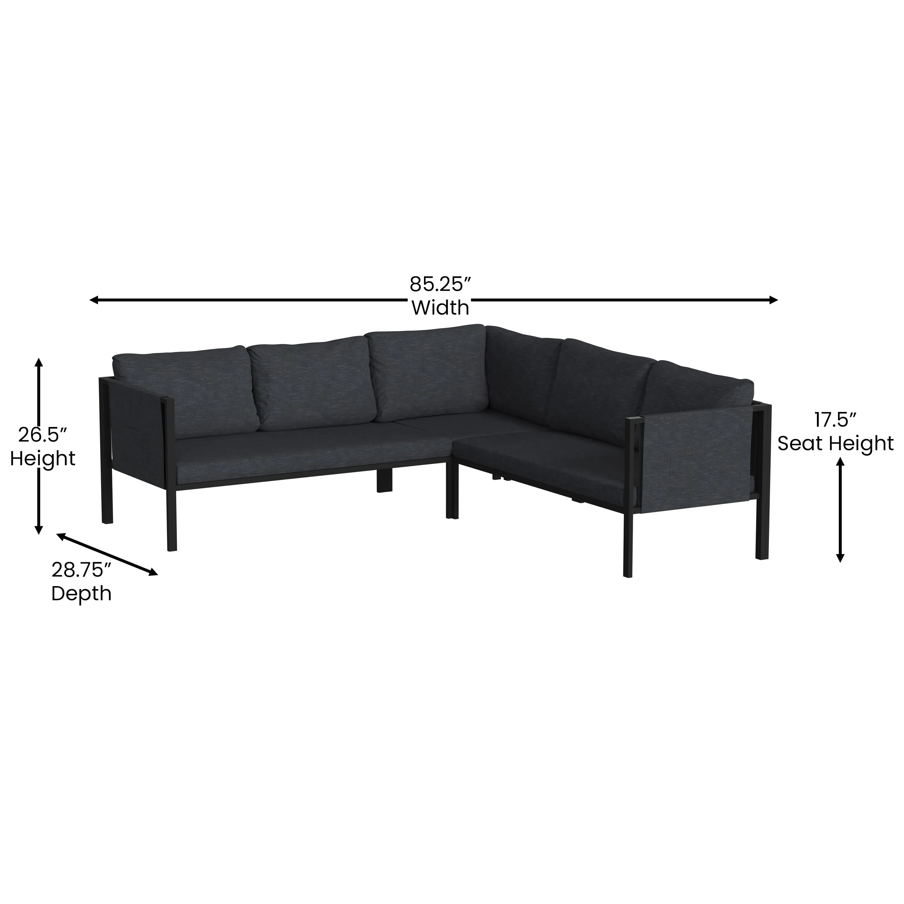 Amy Black Metal Indoor/Outdoor Patio Sectional with Storage Pockets