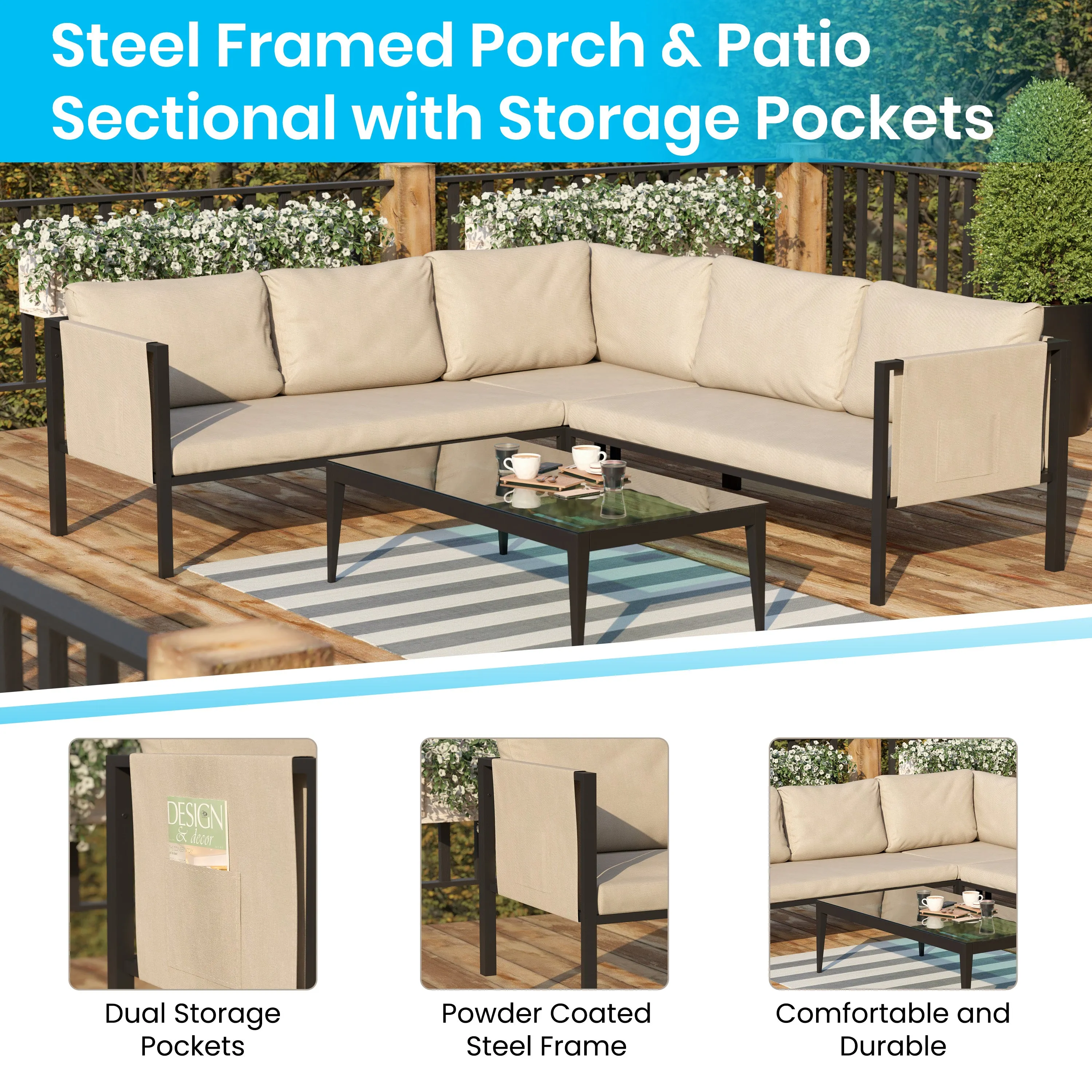 Amy Black Metal Indoor/Outdoor Patio Sectional with Storage Pockets