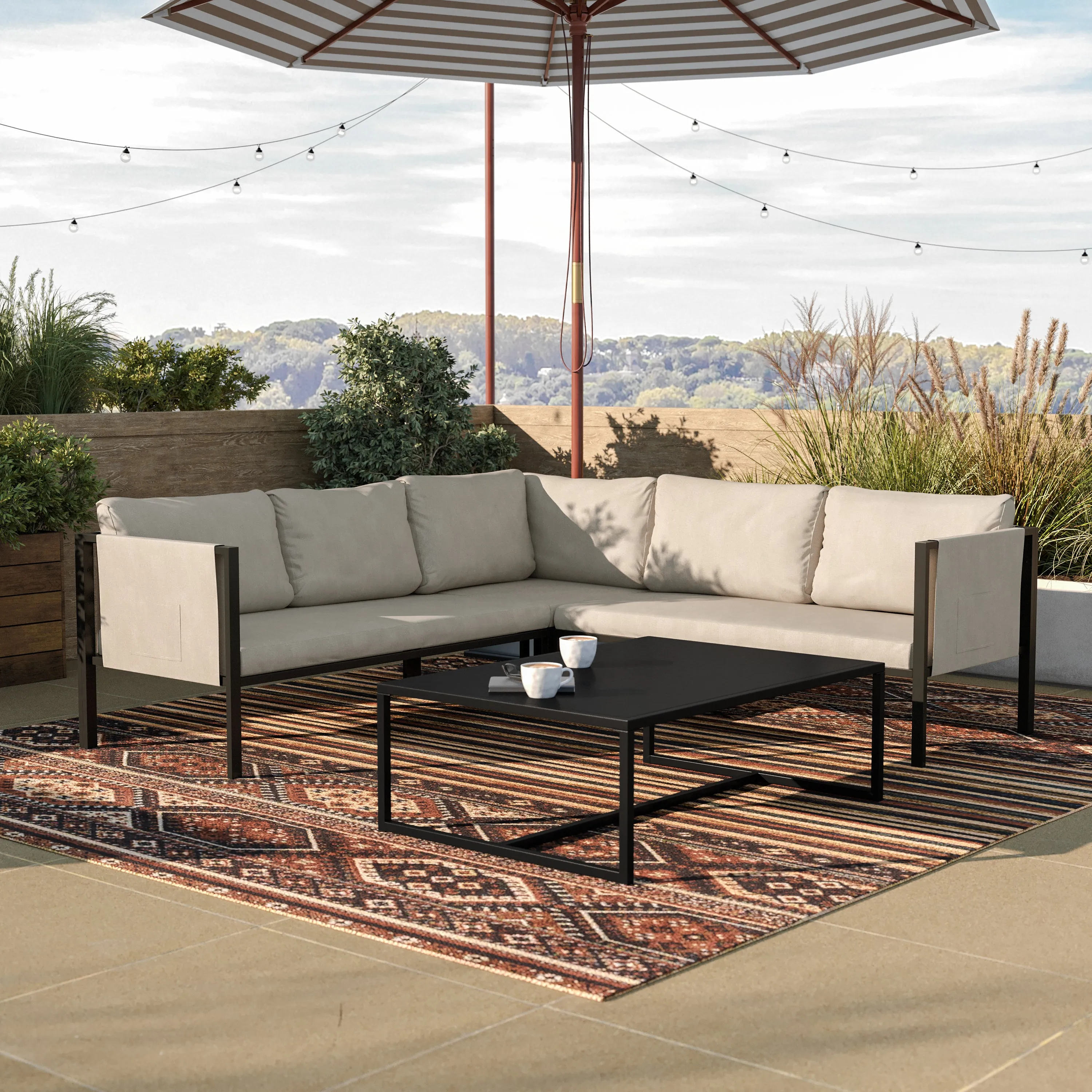 Amy Black Metal Indoor/Outdoor Patio Sectional with Storage Pockets