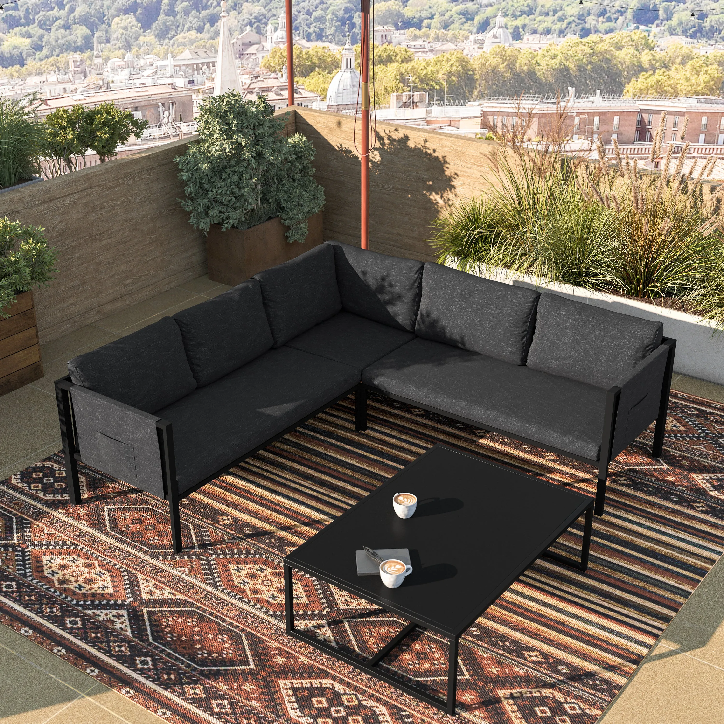 Amy Black Metal Indoor/Outdoor Patio Sectional with Storage Pockets