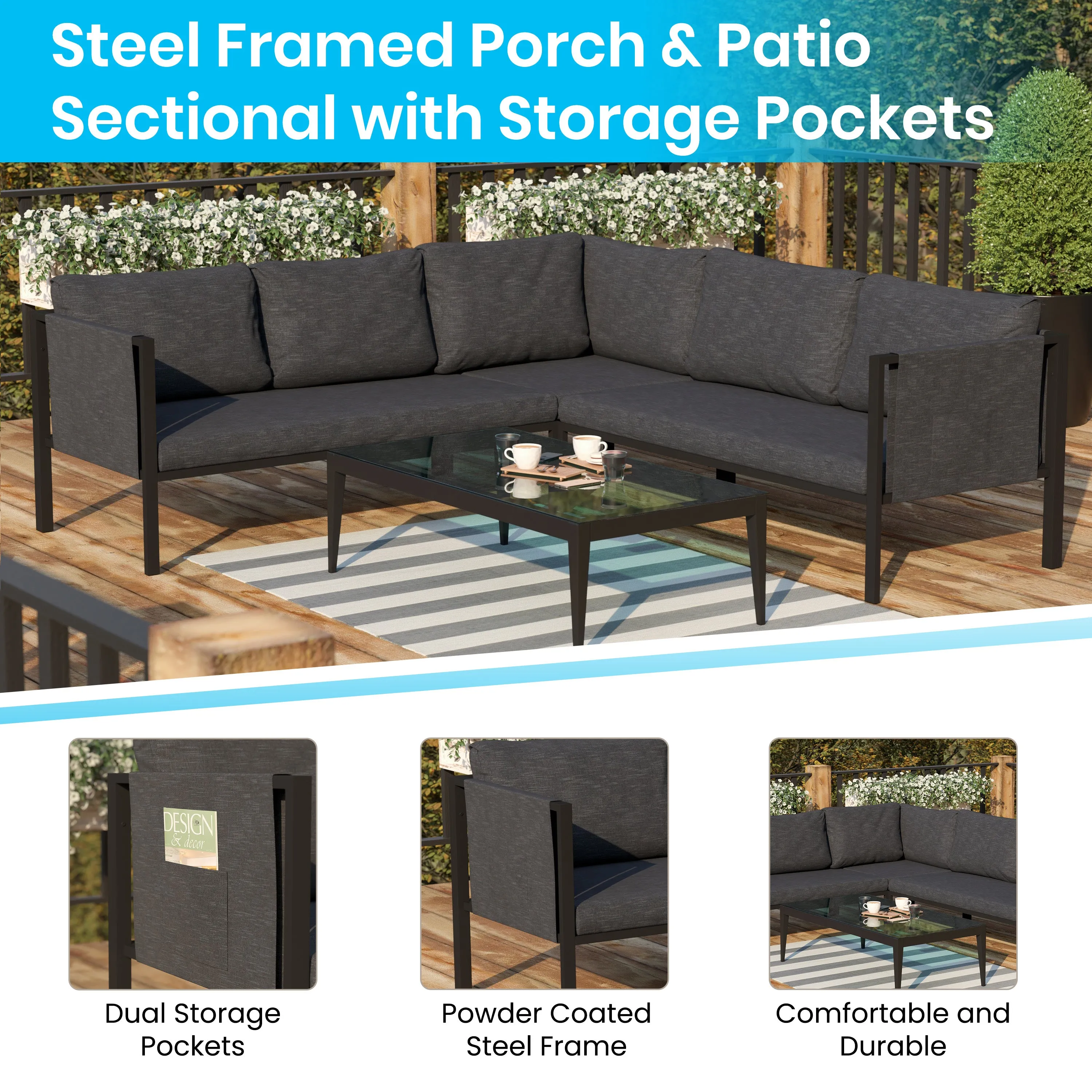 Amy Black Metal Indoor/Outdoor Patio Sectional with Storage Pockets