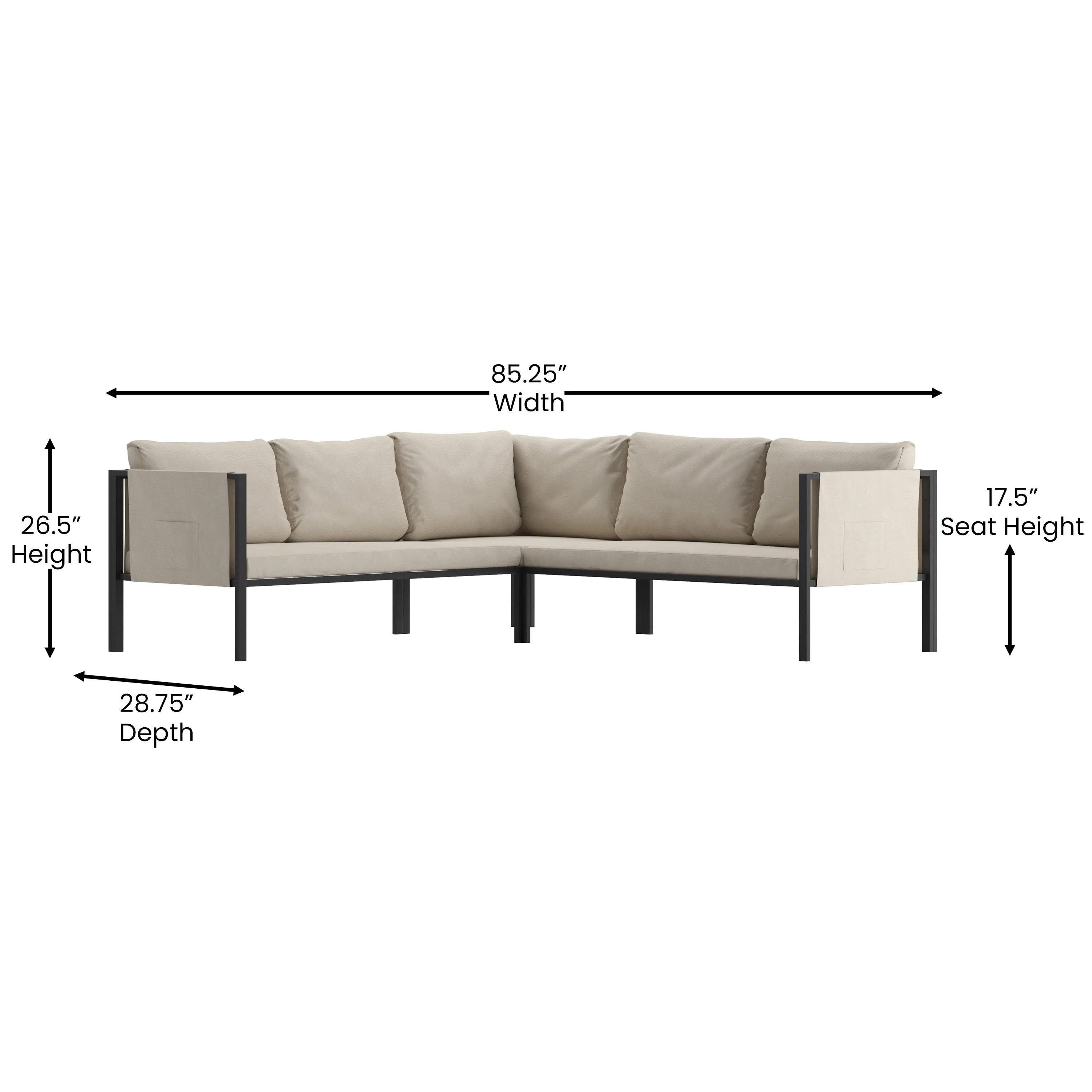 Amy Black Metal Indoor/Outdoor Patio Sectional with Storage Pockets