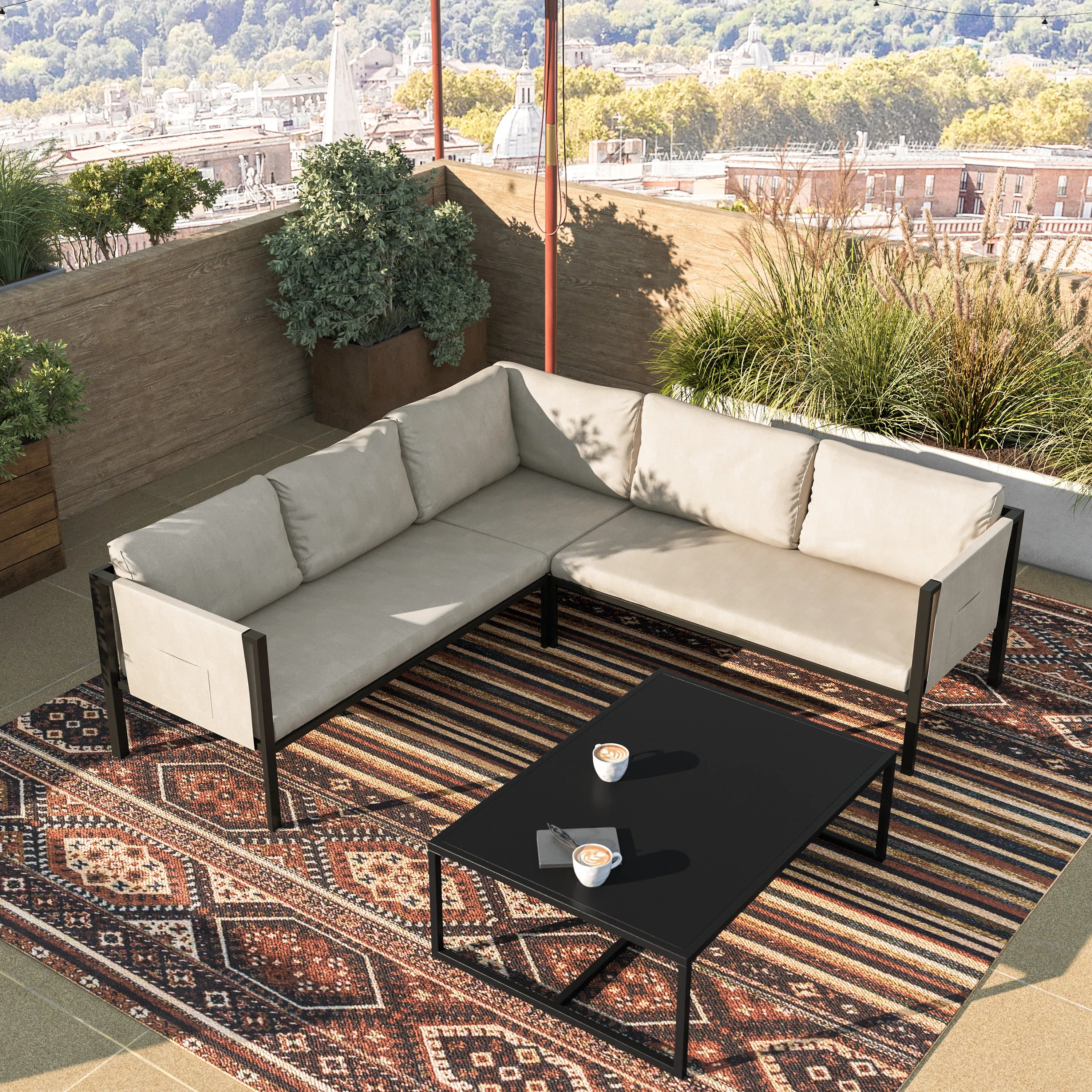 Amy Black Metal Indoor/Outdoor Patio Sectional with Storage Pockets