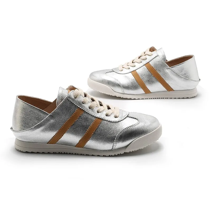 Army Trainer Leather Low-top Sneakers for Women With Stripes in Yellow/Golden/Silver