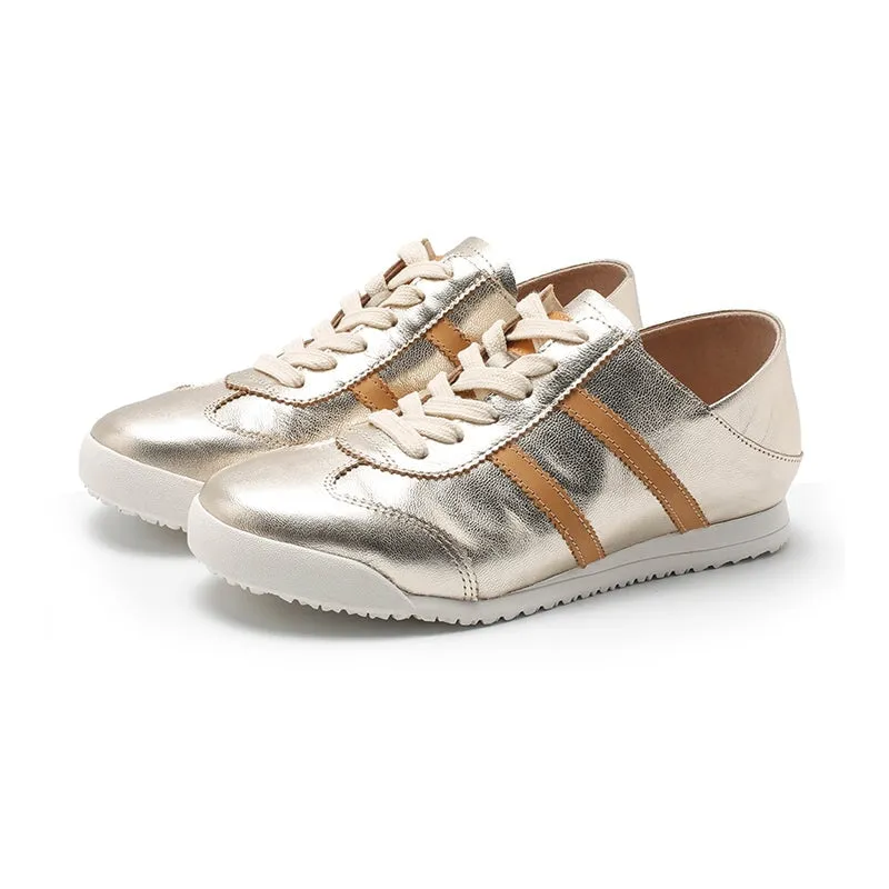 Army Trainer Leather Low-top Sneakers for Women With Stripes in Yellow/Golden/Silver