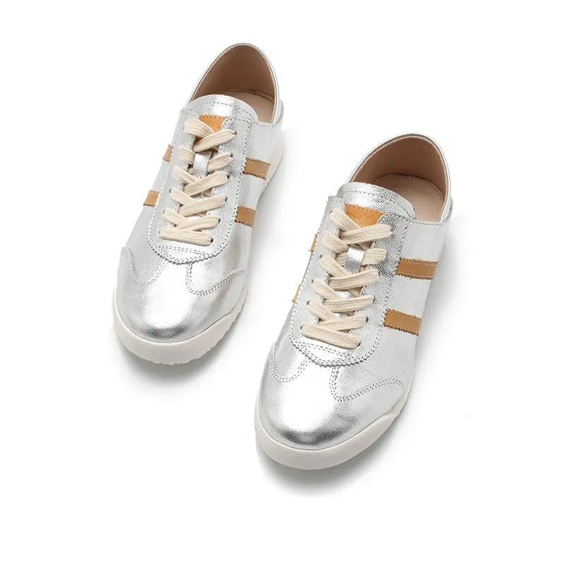 Army Trainer Leather Low-top Sneakers for Women With Stripes in Yellow/Golden/Silver