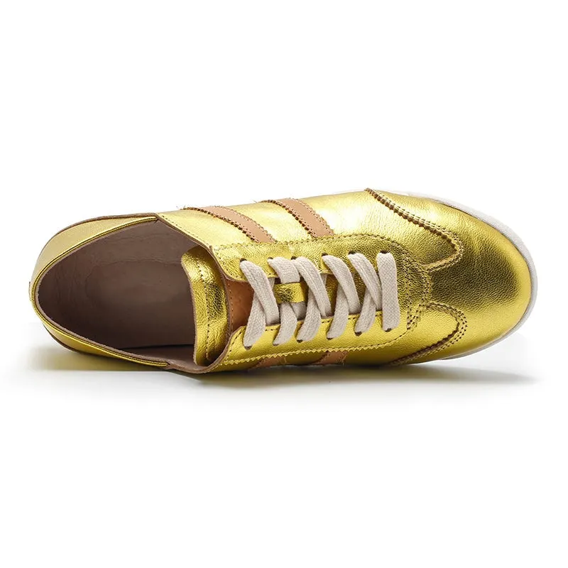 Army Trainer Leather Low-top Sneakers for Women With Stripes in Yellow/Golden/Silver