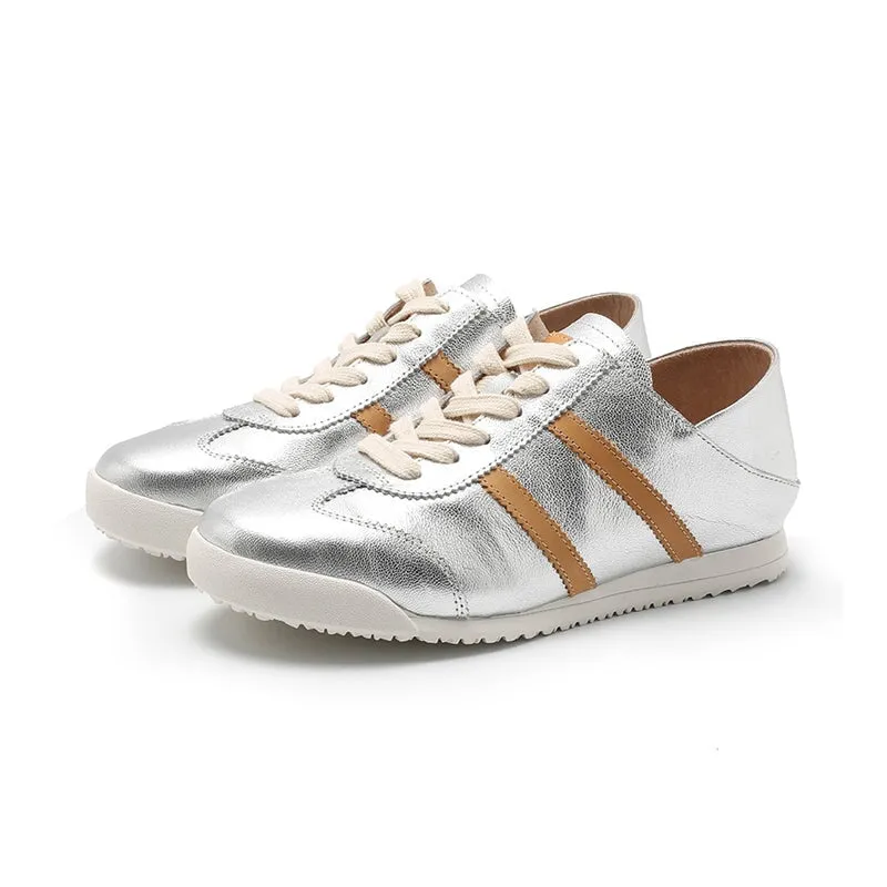 Army Trainer Leather Low-top Sneakers for Women With Stripes in Yellow/Golden/Silver