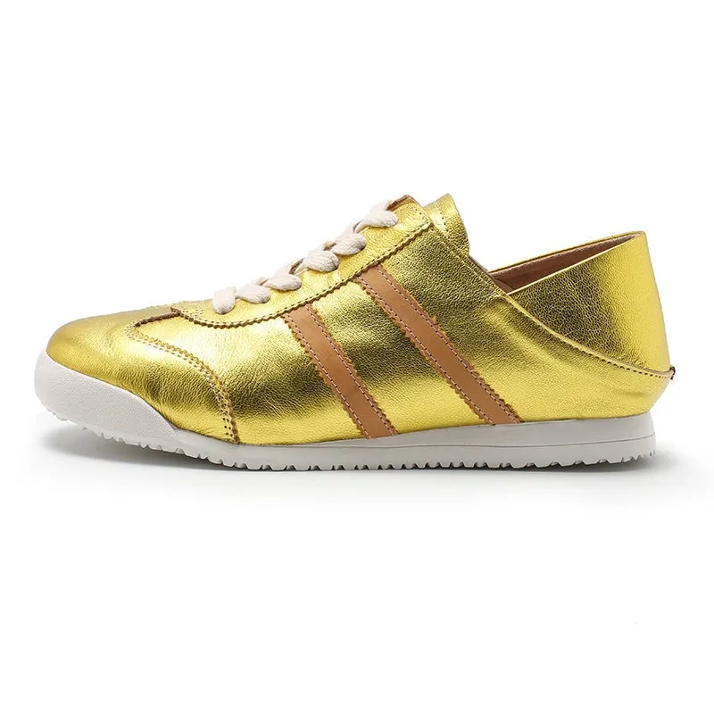 Army Trainer Leather Low-top Sneakers for Women With Stripes in Yellow/Golden/Silver