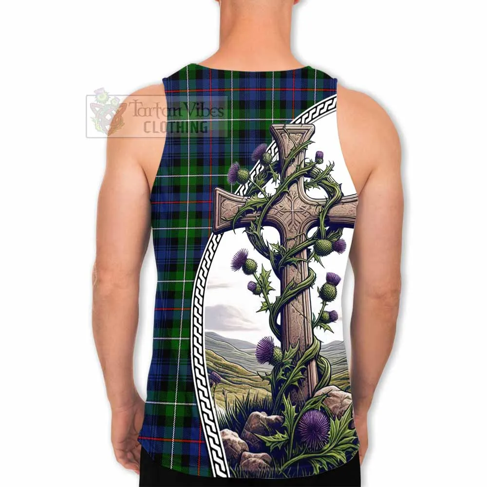 Baillie (Bailey) Tartan Men's Tank Top with Family Crest and St. Andrew's Cross Accented by Thistle Vines