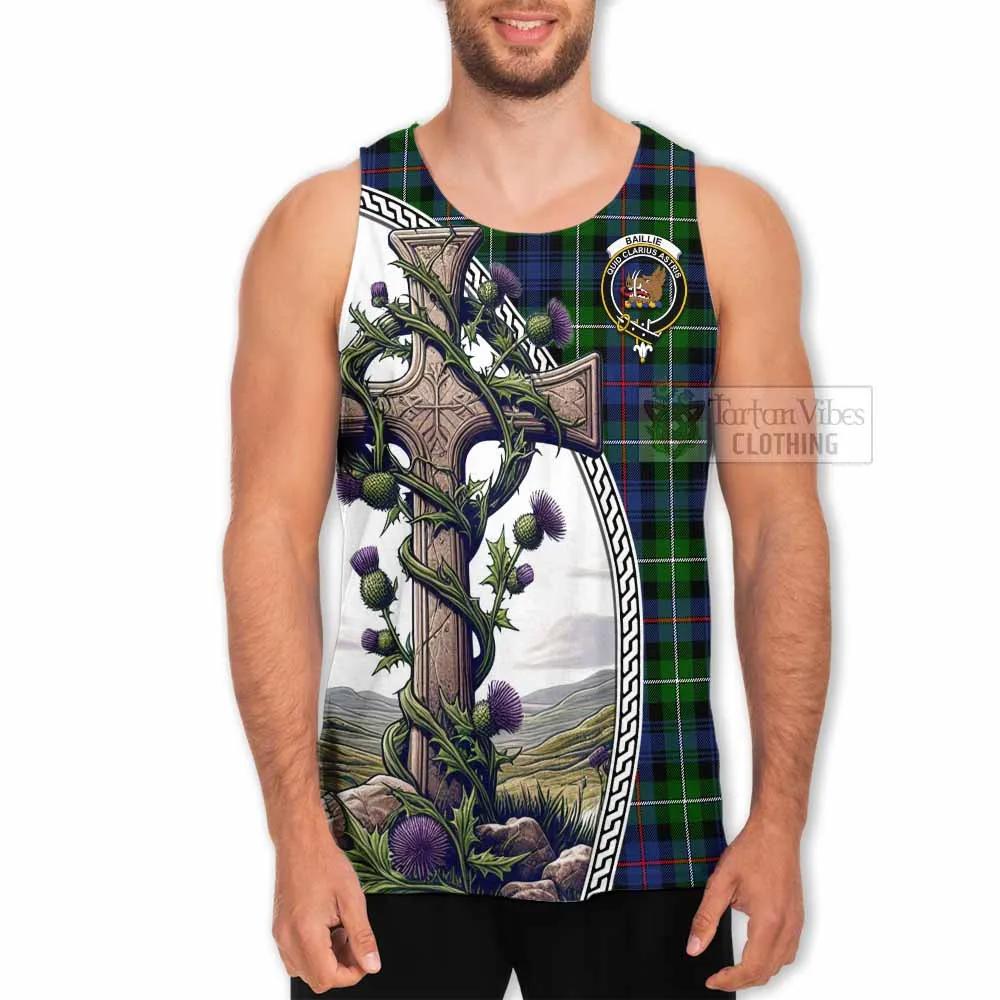 Baillie (Bailey) Tartan Men's Tank Top with Family Crest and St. Andrew's Cross Accented by Thistle Vines