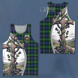 Baillie (Bailey) Tartan Men's Tank Top with Family Crest and St. Andrew's Cross Accented by Thistle Vines