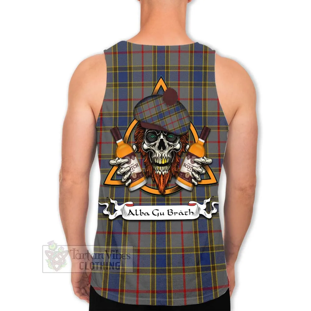 Balfour Tartan Men's Tank Top with Family Crest and Bearded Skull Holding Bottles of Whiskey