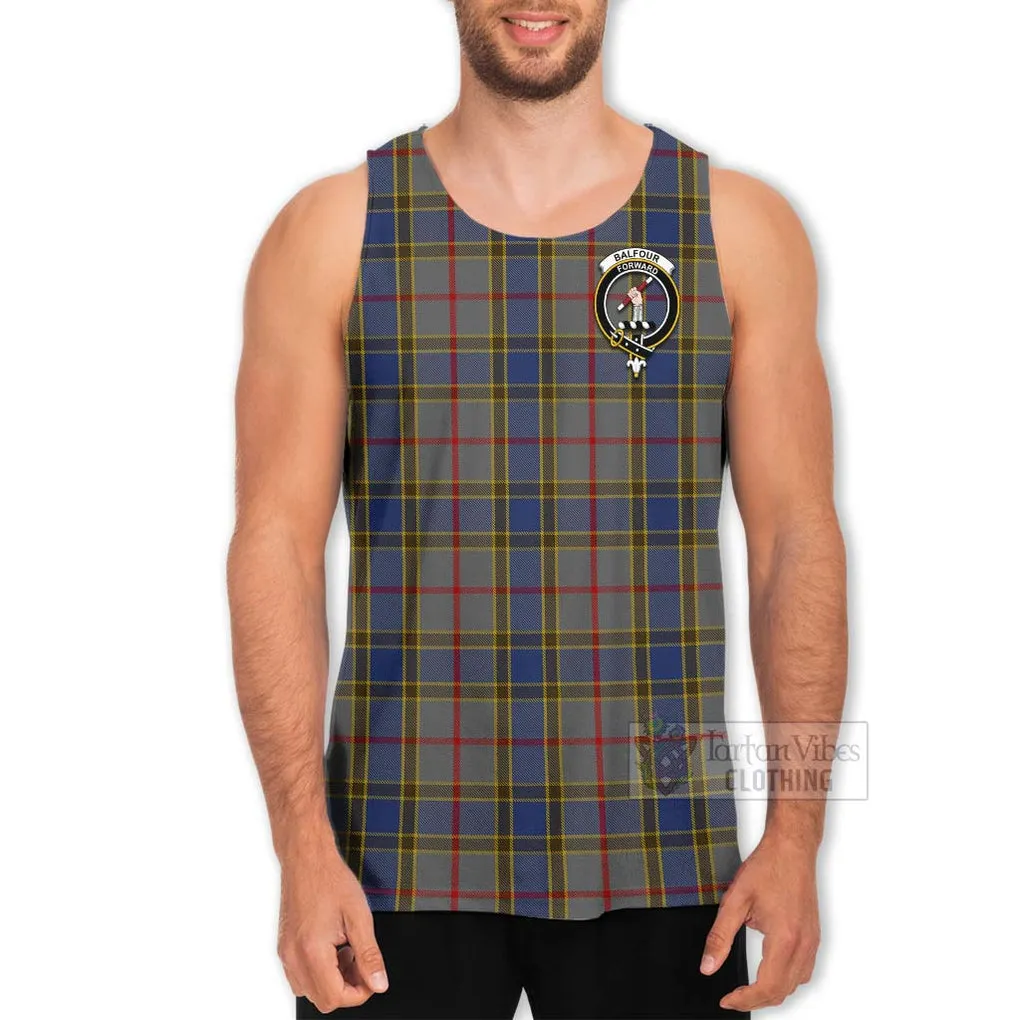 Balfour Tartan Men's Tank Top with Family Crest and Bearded Skull Holding Bottles of Whiskey