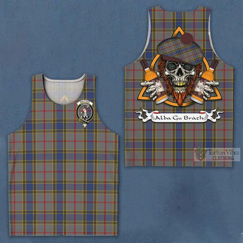 Balfour Tartan Men's Tank Top with Family Crest and Bearded Skull Holding Bottles of Whiskey