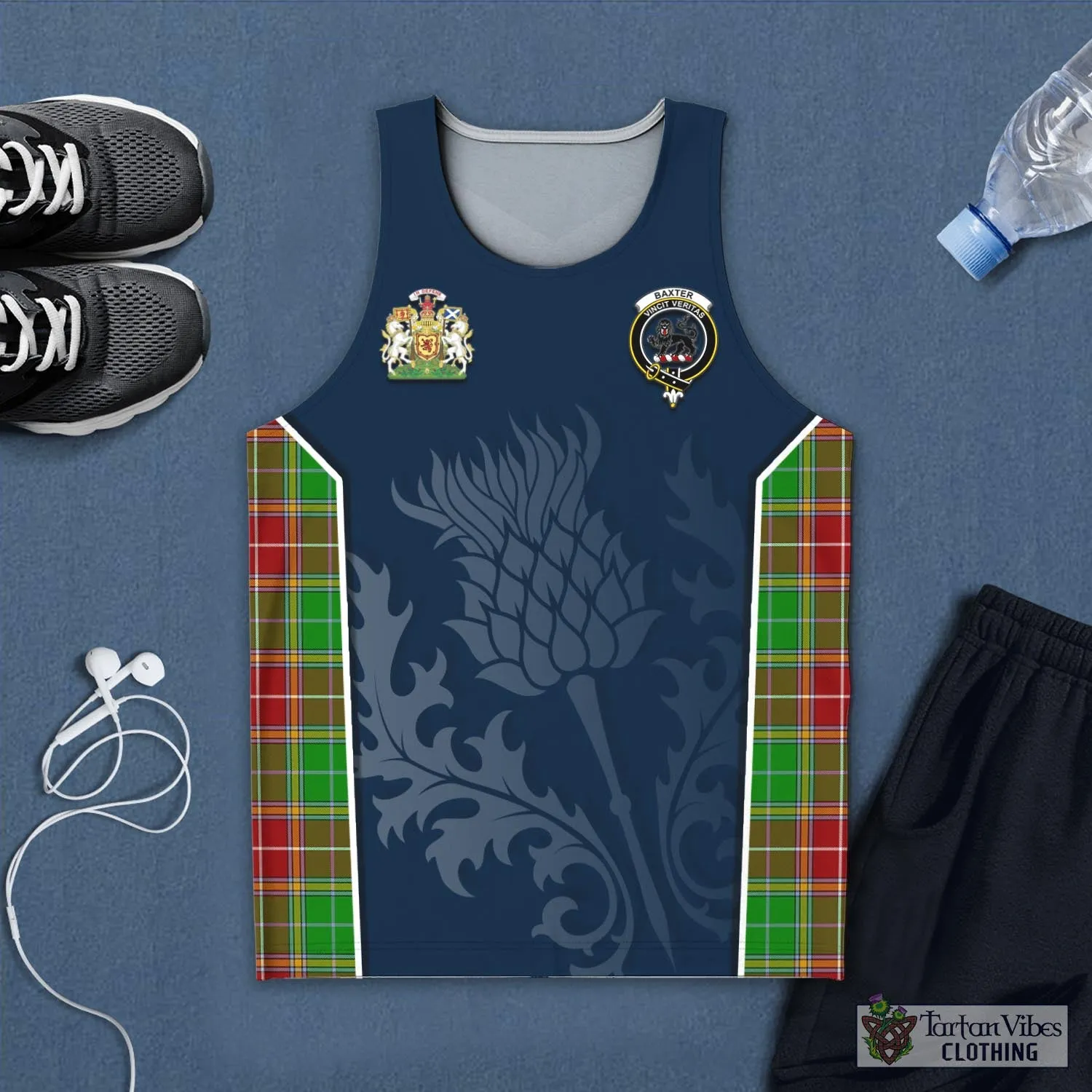 Baxter Modern Tartan Men's Tanks Top with Family Crest and Scottish Thistle Vibes Sport Style