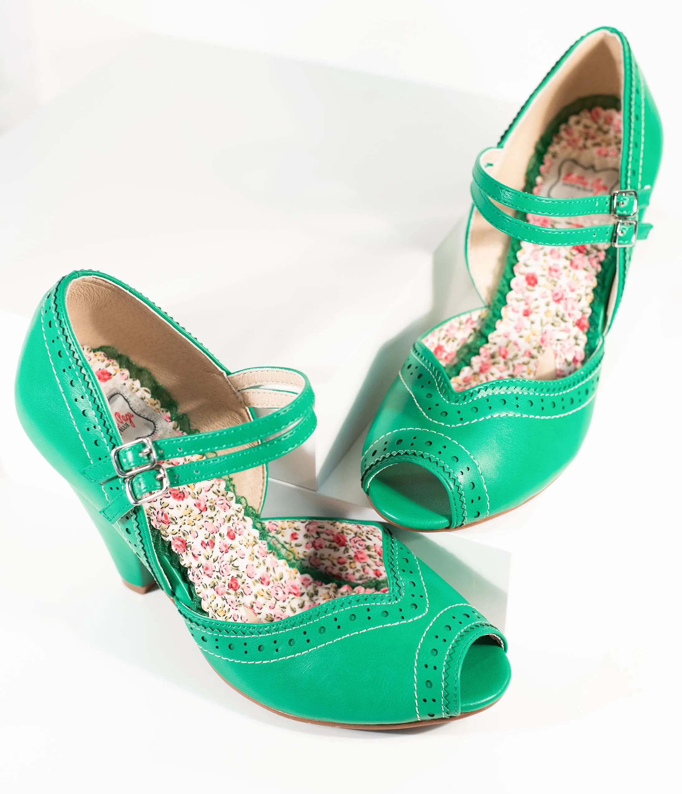 Bettie Page Green Leatherette Peep Toe Double Strap Nellie Pumps