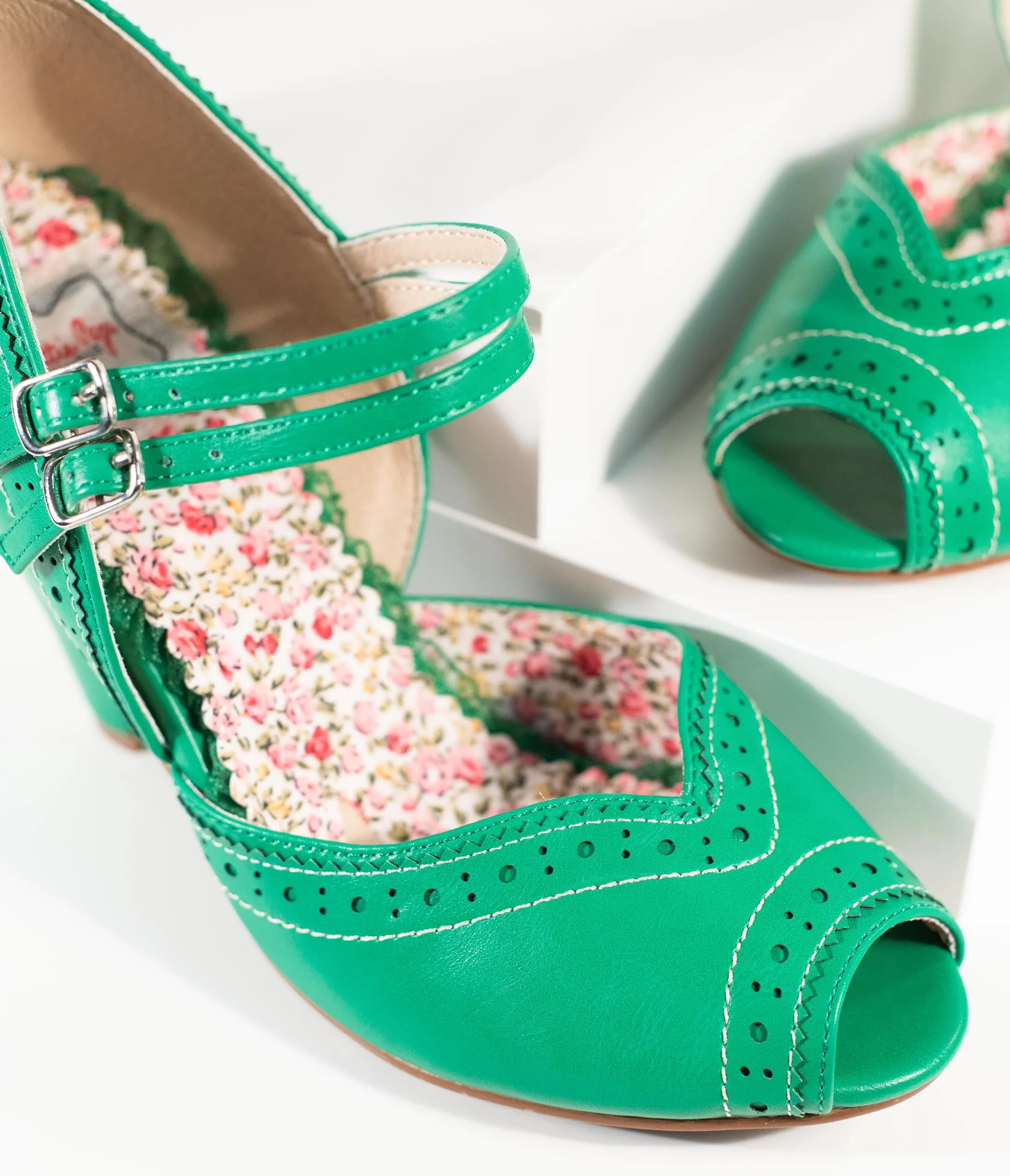 Bettie Page Green Leatherette Peep Toe Double Strap Nellie Pumps