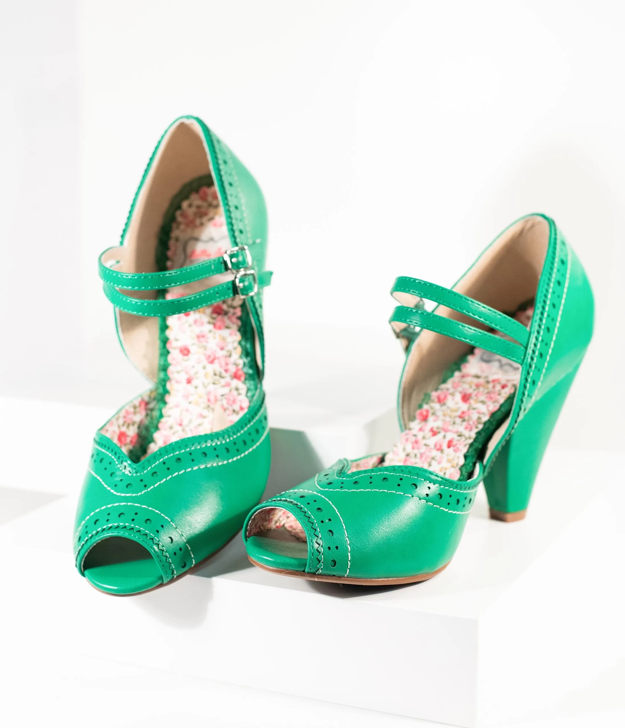 Bettie Page Green Leatherette Peep Toe Double Strap Nellie Pumps