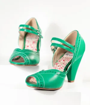 Bettie Page Green Leatherette Peep Toe Double Strap Nellie Pumps