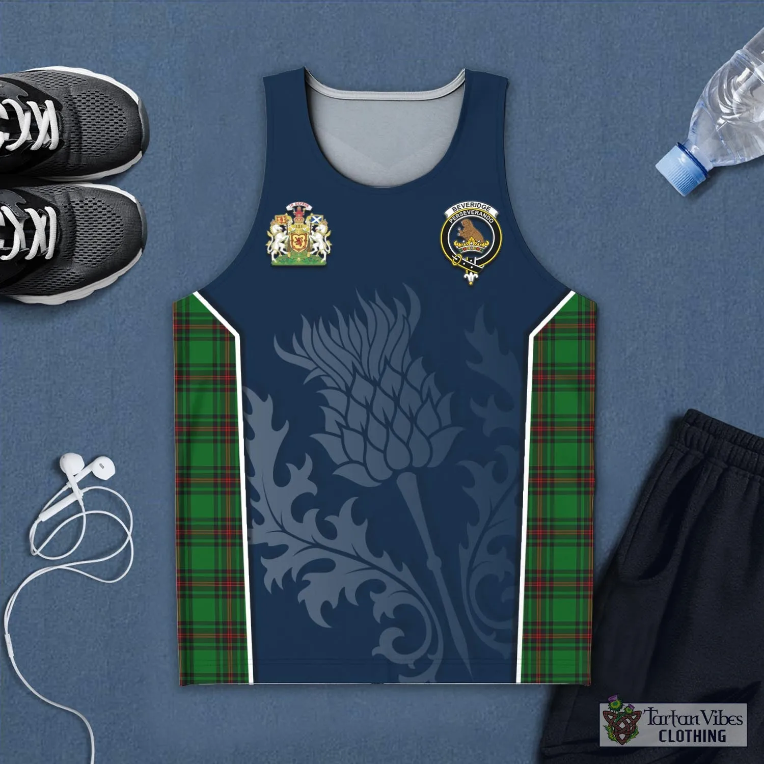 Beveridge Tartan Men's Tanks Top with Family Crest and Scottish Thistle Vibes Sport Style