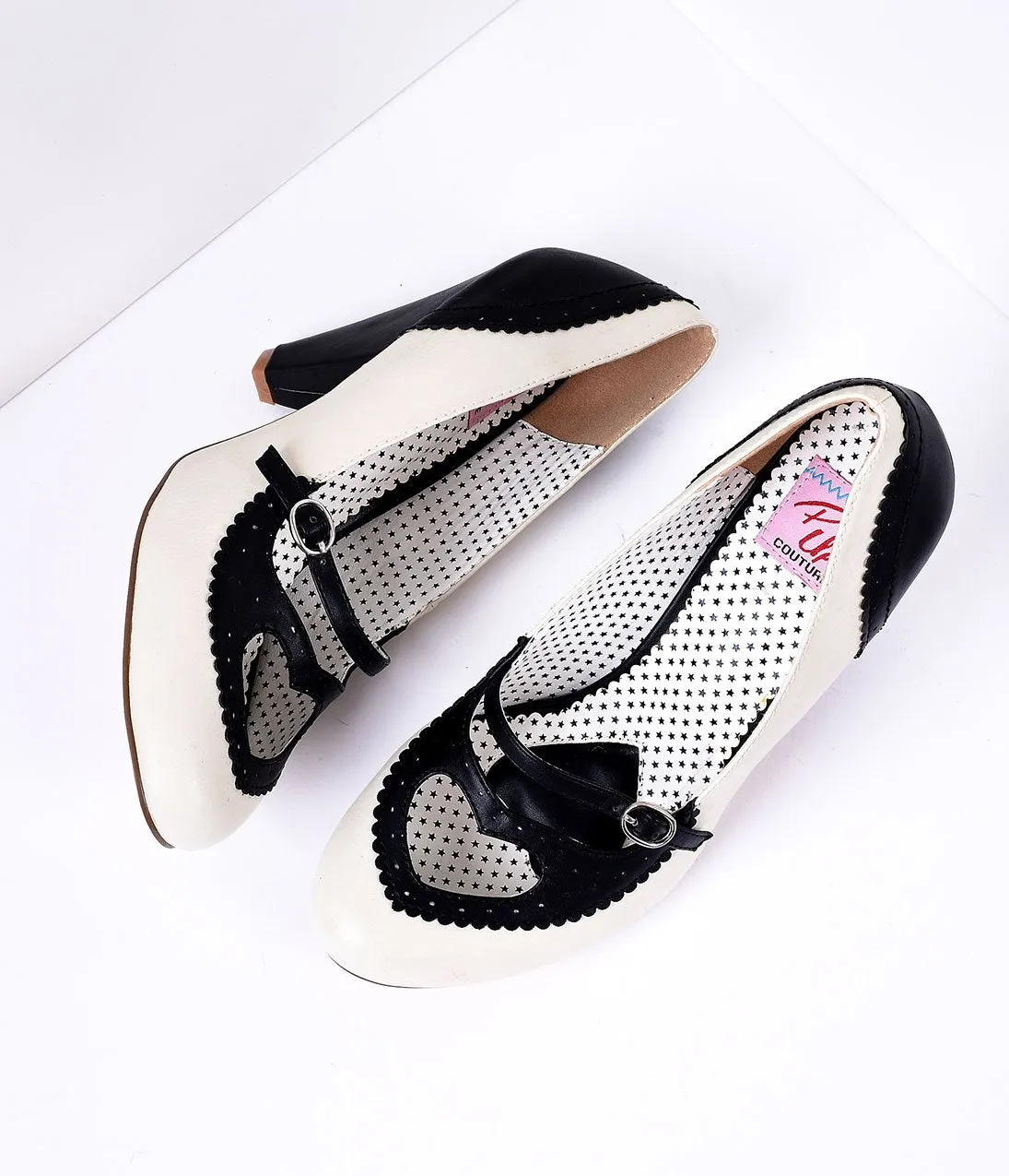 Black & Cream Poppy Heart Spectator Heels