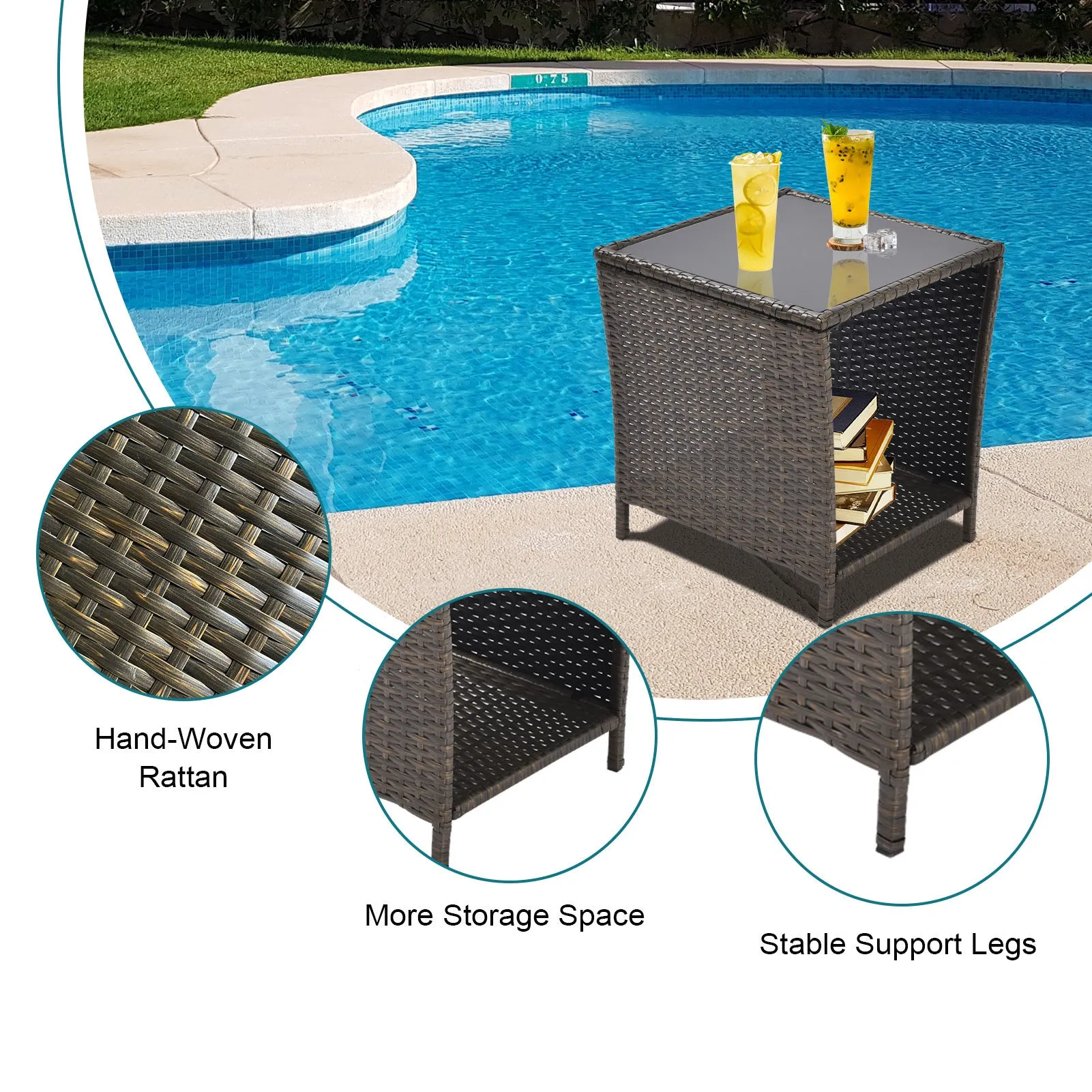 Black and Gold Rattan Patio Side Table