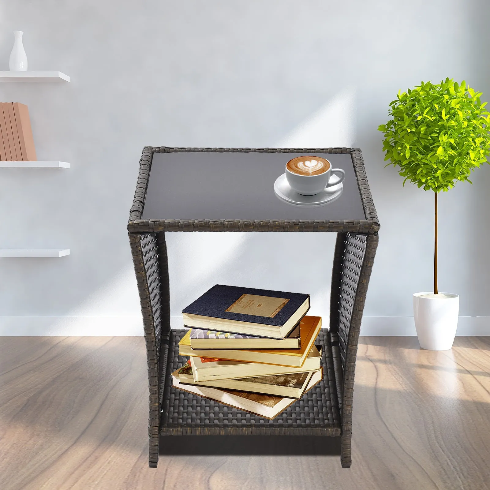 Black and Gold Rattan Patio Side Table