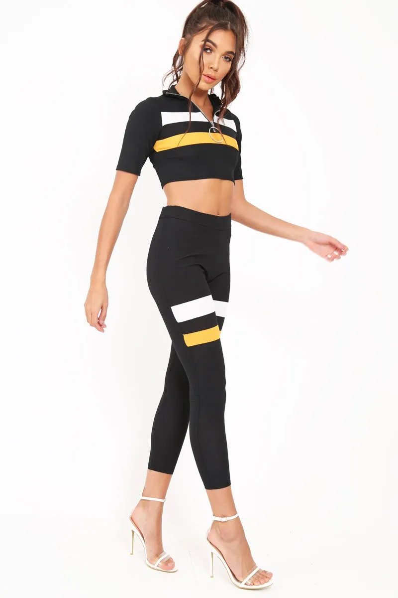 Black And Mustard Stripe Crop Top And Leggings Co-Ord - Ramey