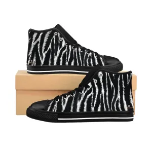 Black Zebra Women's Sneakers, Striped Animal Print Designer High-top Fashion Tennis Shoes