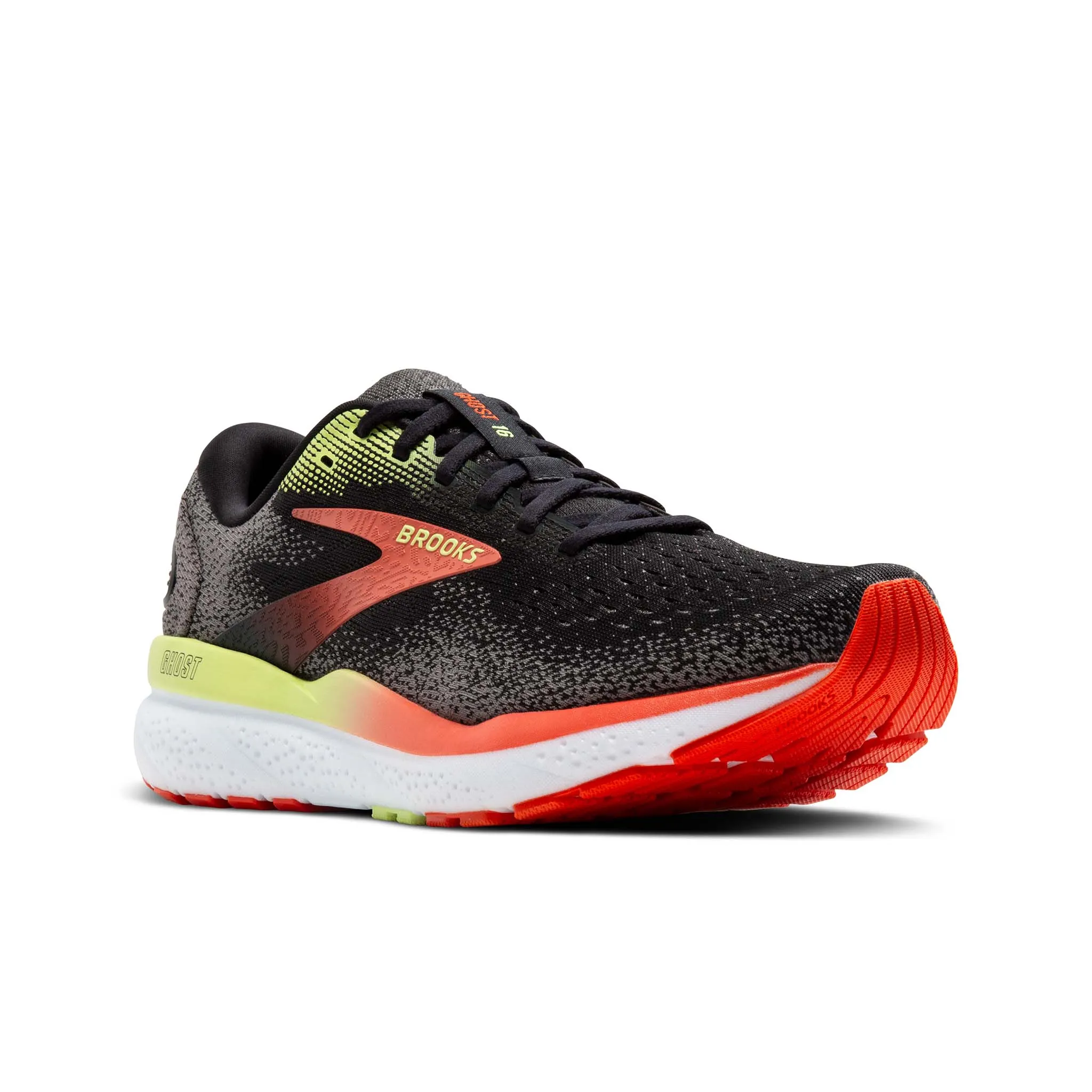 Brooks | Men's Ghost 16 2E Running Shoes - Black/Mandarin Red/Green