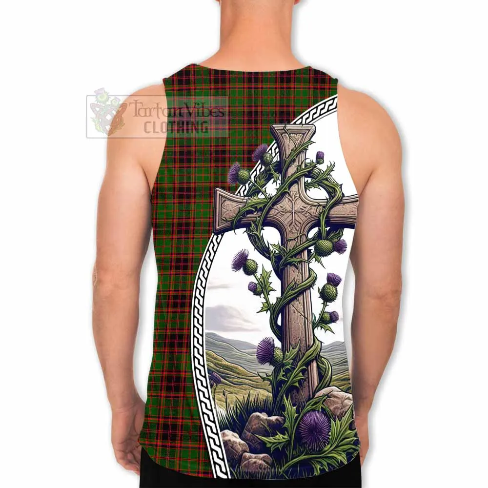 Buchan Tartan Men's Tank Top with Family Crest and St. Andrew's Cross Accented by Thistle Vines