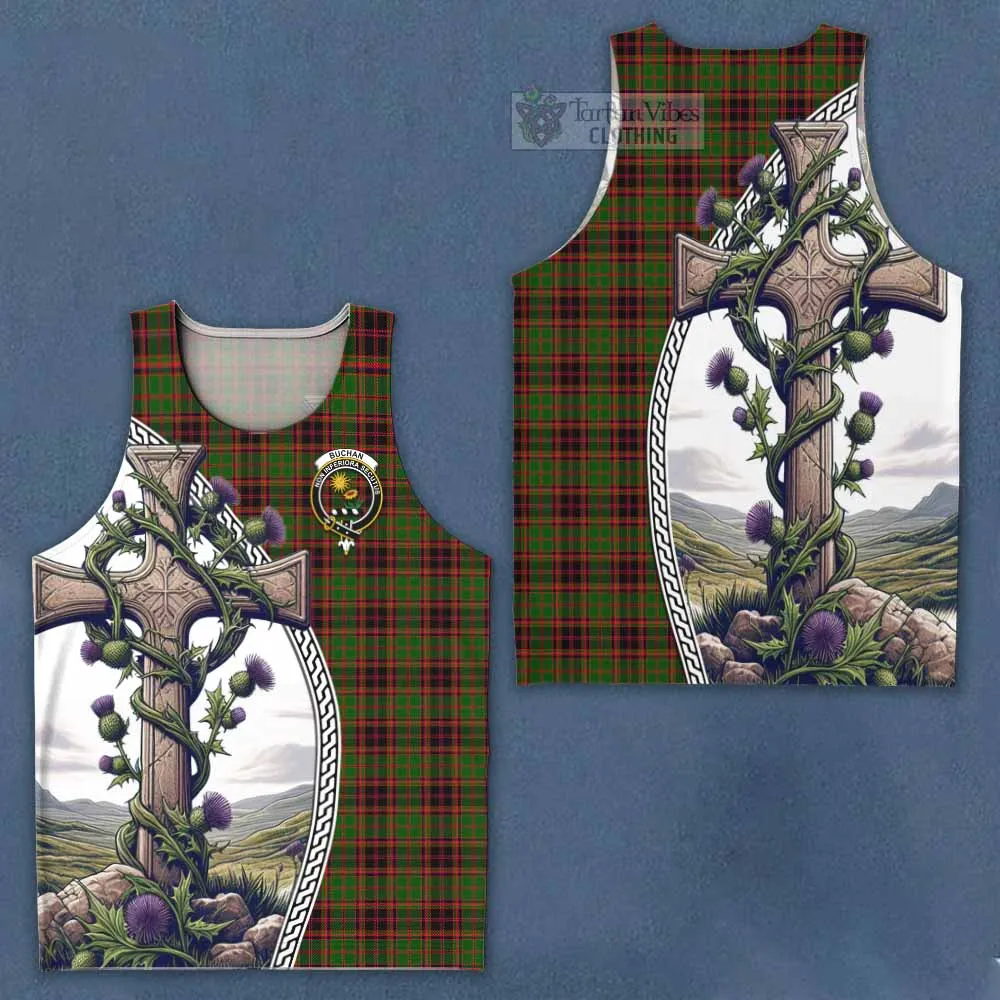 Buchan Tartan Men's Tank Top with Family Crest and St. Andrew's Cross Accented by Thistle Vines