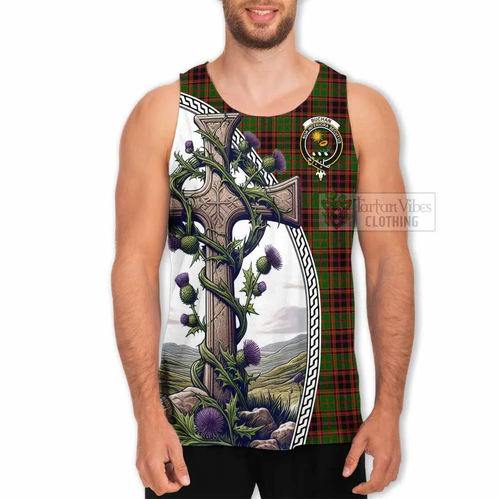 Buchan Tartan Men's Tank Top with Family Crest and St. Andrew's Cross Accented by Thistle Vines